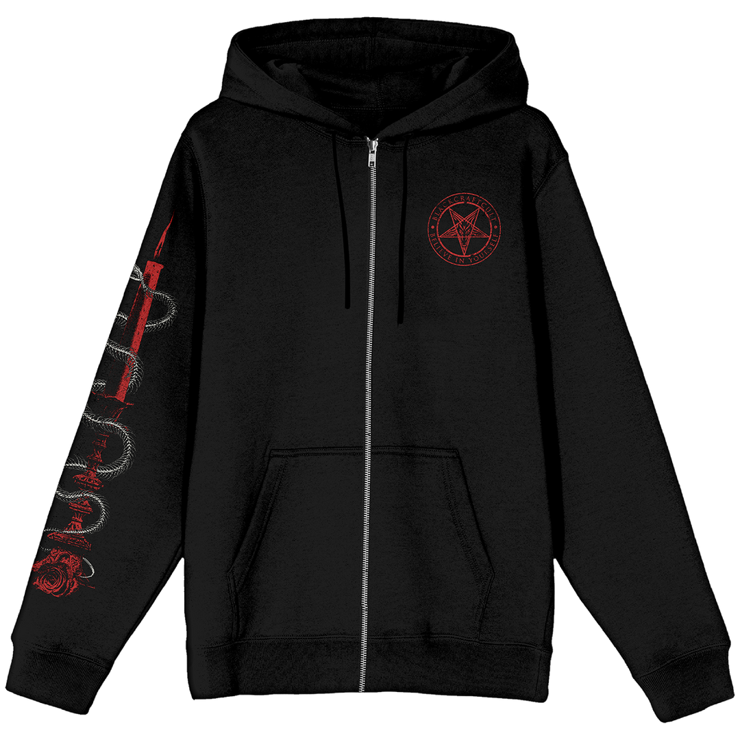 A classic black zip up hoodie with custom Blackcraft artwork on the front, black, and along the sleeve.