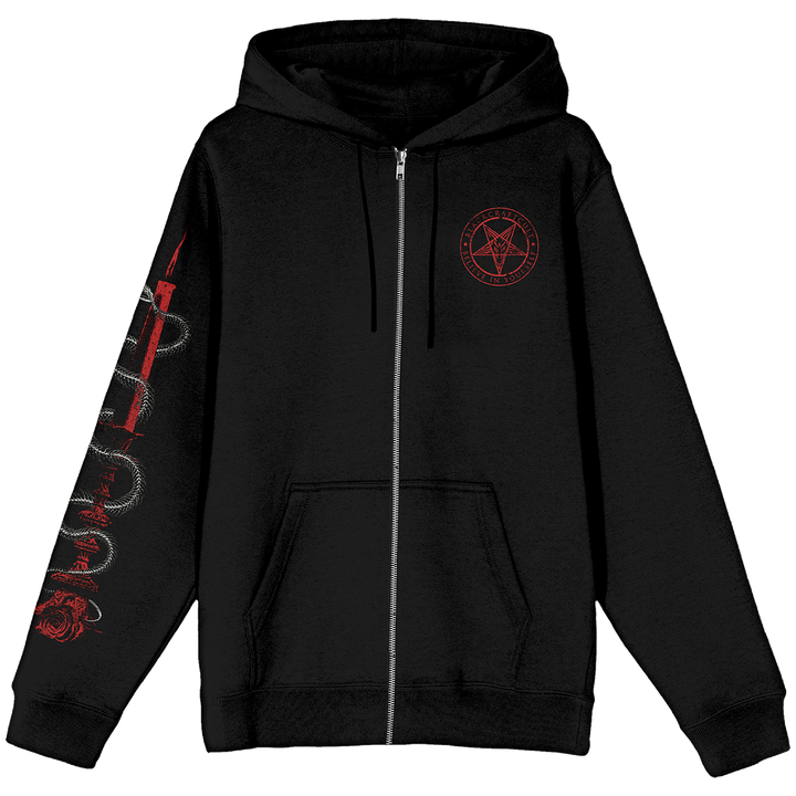 A classic black zip up hoodie with custom Blackcraft artwork on the front, black, and along the sleeve.