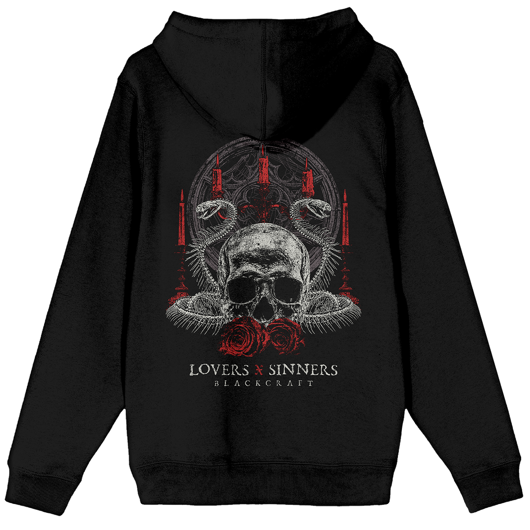 A classic black zip up hoodie with custom Blackcraft artwork on the front, black, and along the sleeve.