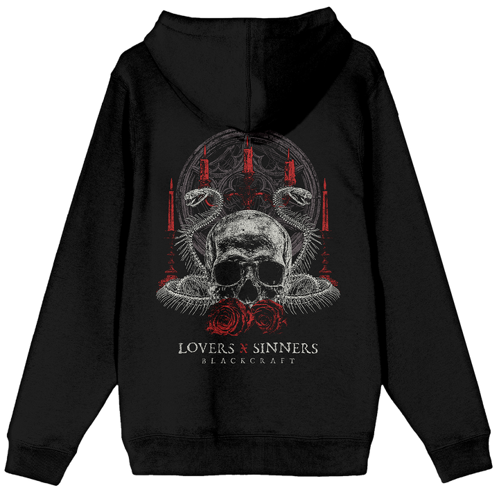 A classic black zip up hoodie with custom Blackcraft artwork on the front, black, and along the sleeve.