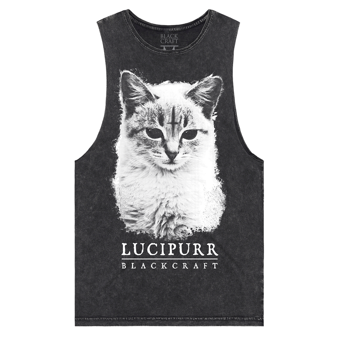 A soft stone washed black tank top with a gothic cat print on the front, from Blackcraft.