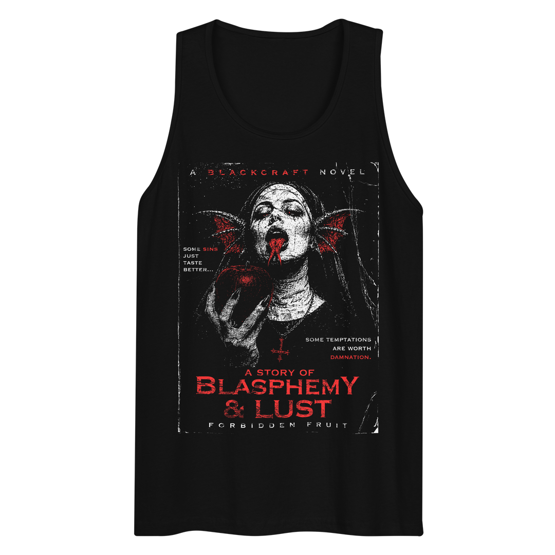 A classic black cotton tank top with custom Blackcraft artwork in red and white across the front. 