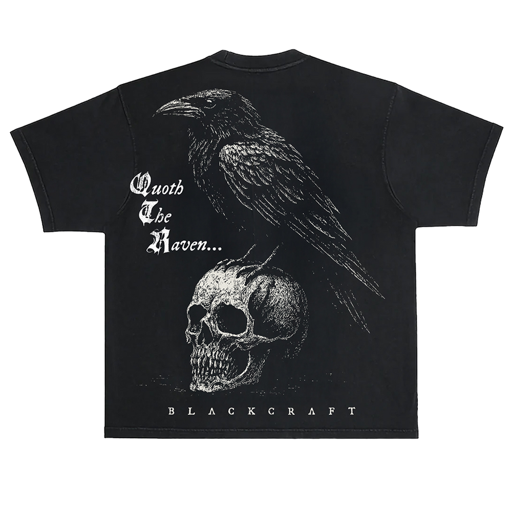 A classic black cotton boxy tee with Edgar Allen poe and the Raven artwork, from Blackcraft.