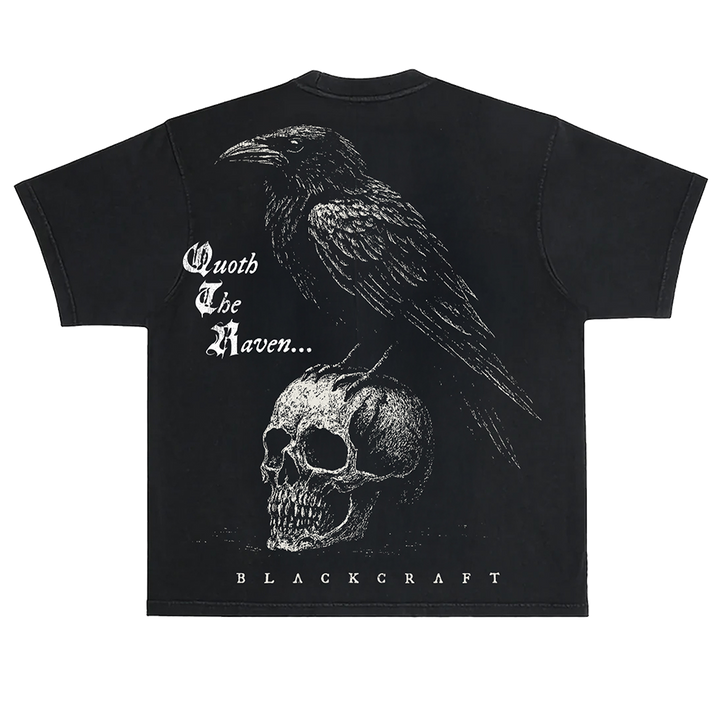 A classic black cotton boxy tee with Edgar Allen poe and the Raven artwork, from Blackcraft.