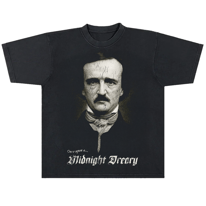 A classic black cotton boxy tee with Edgar Allen poe and the Raven artwork, from Blackcraft.