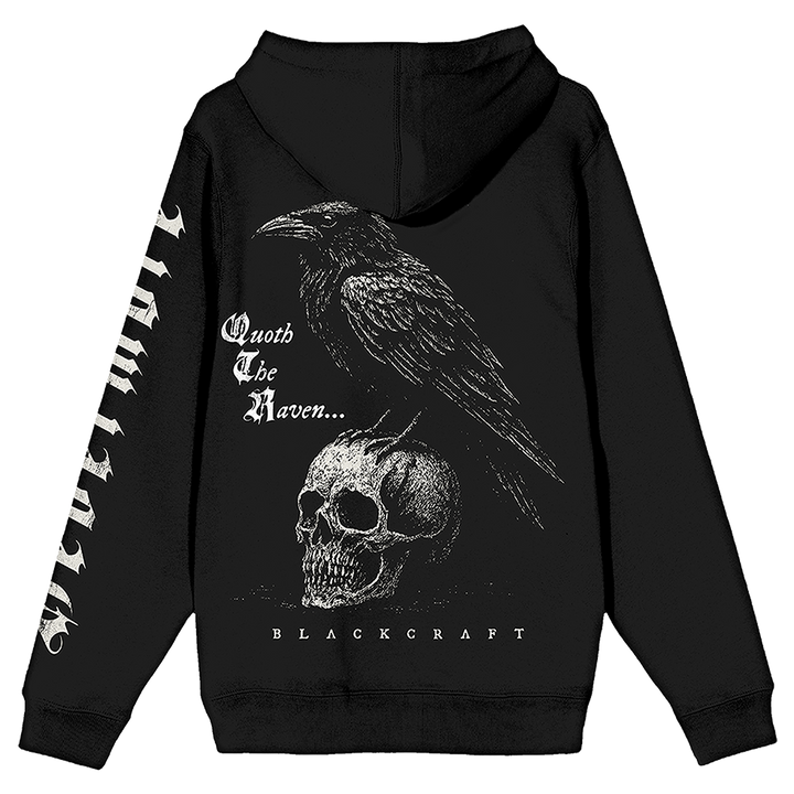 A classic black zip up hoodie with Edgar Allen Poe and the Raven artwork, from Blackcraft.