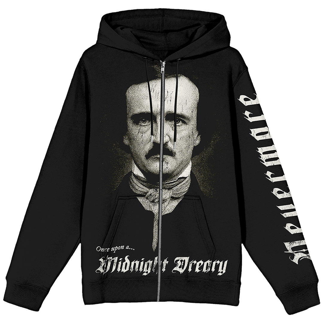 A classic black zip up hoodie with Edgar Allen Poe and the Raven artwork, from Blackcraft.