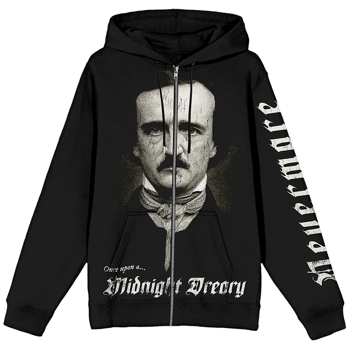 A classic black zip up hoodie with Edgar Allen Poe and the Raven artwork, from Blackcraft.