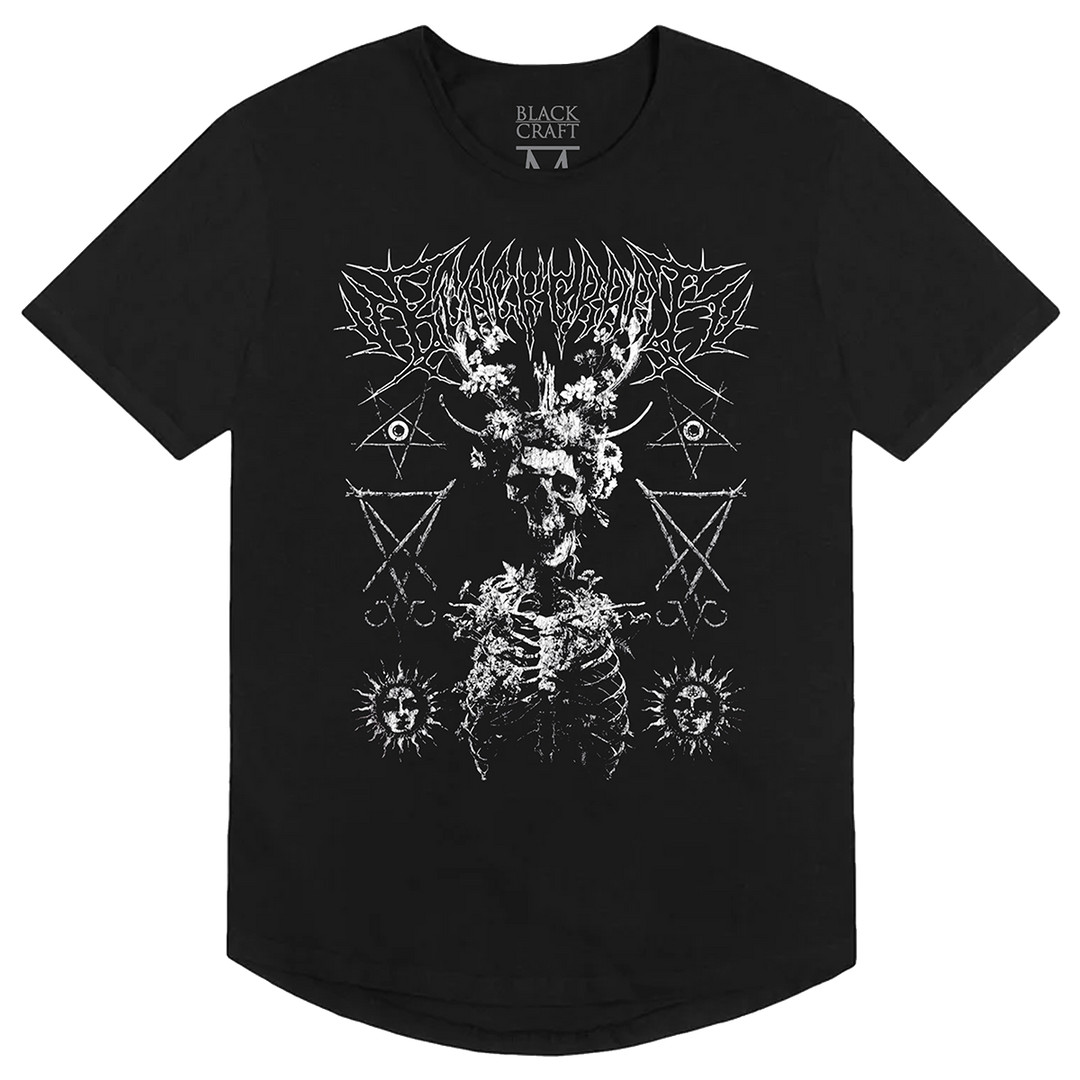 A black cotton tee with a curved hemline and custom Blackcraft artwork on the front. 