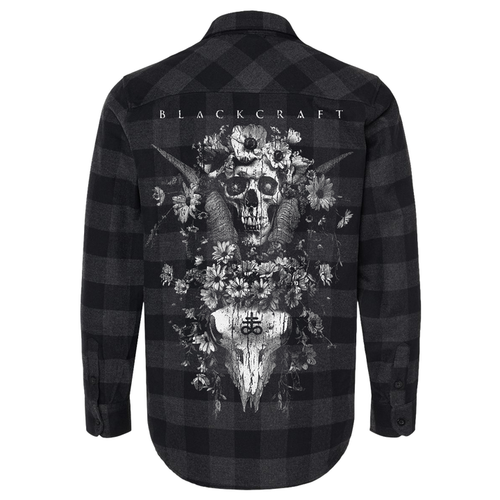 A black and grey checked flannel long sleeve shirt with custom Blackcraft artwork on the back and at the front pocket.