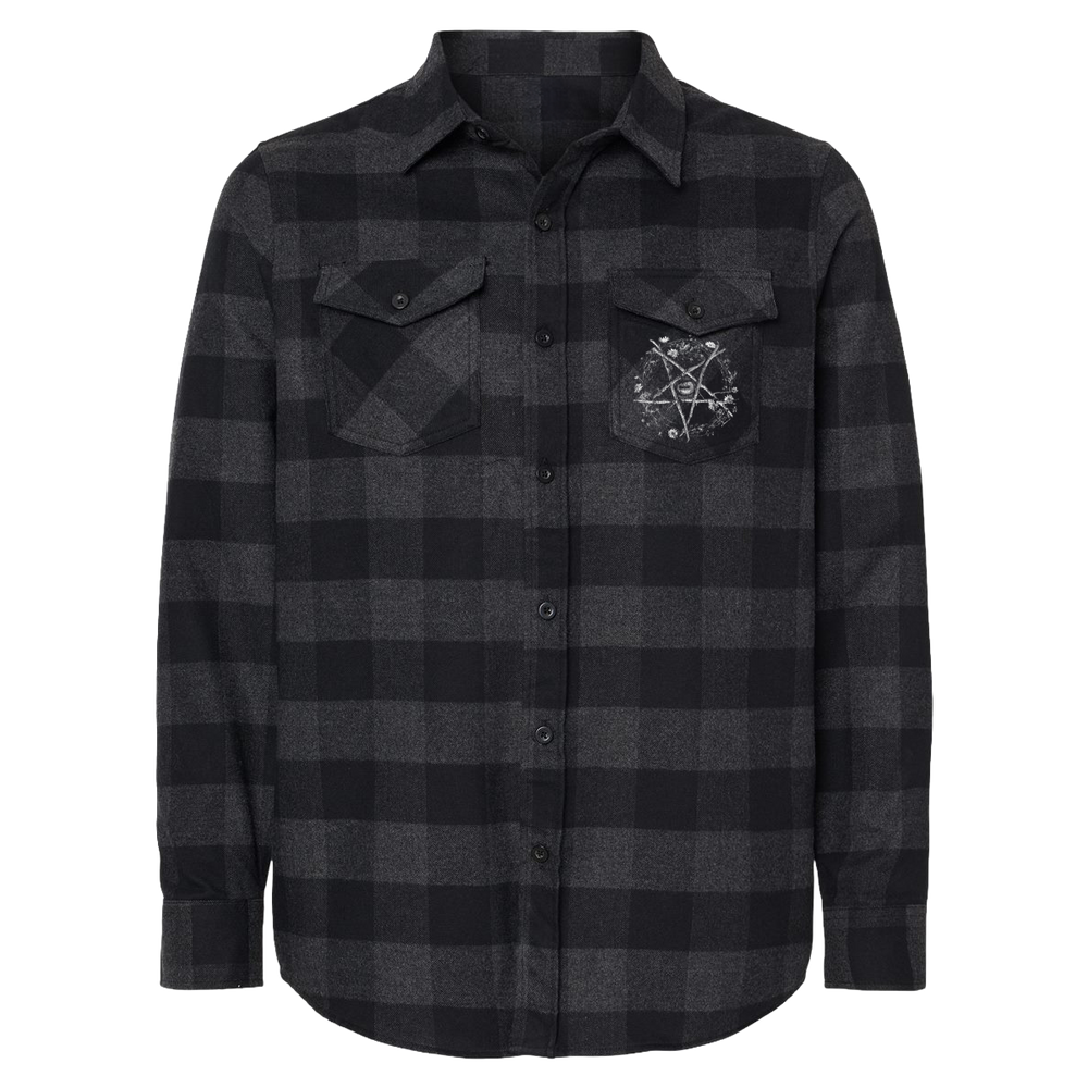 A black and grey checked flannel long sleeve shirt with custom Blackcraft artwork on the back and at the front pocket.