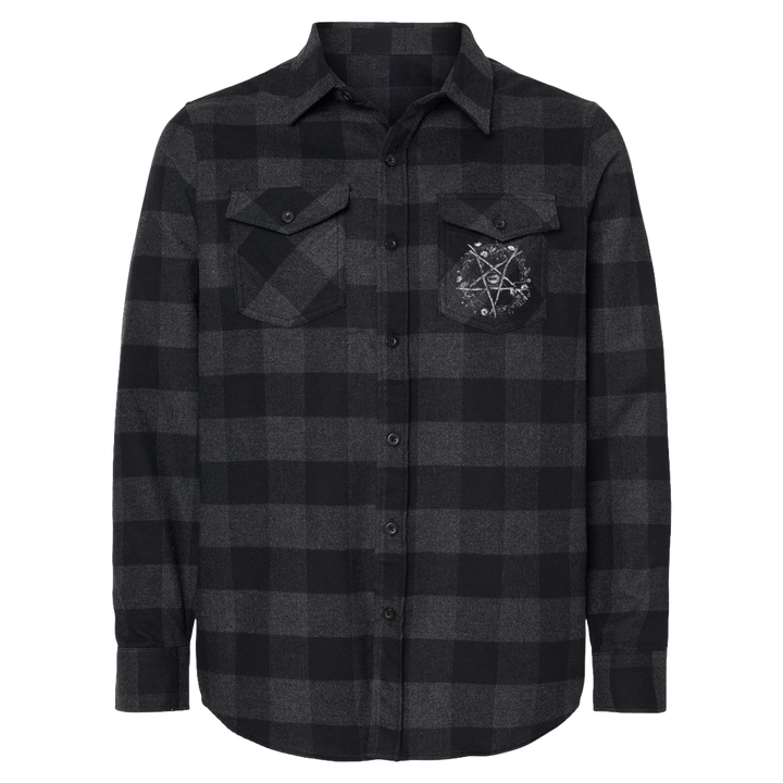 A black and grey checked flannel long sleeve shirt with custom Blackcraft artwork on the back and at the front pocket.