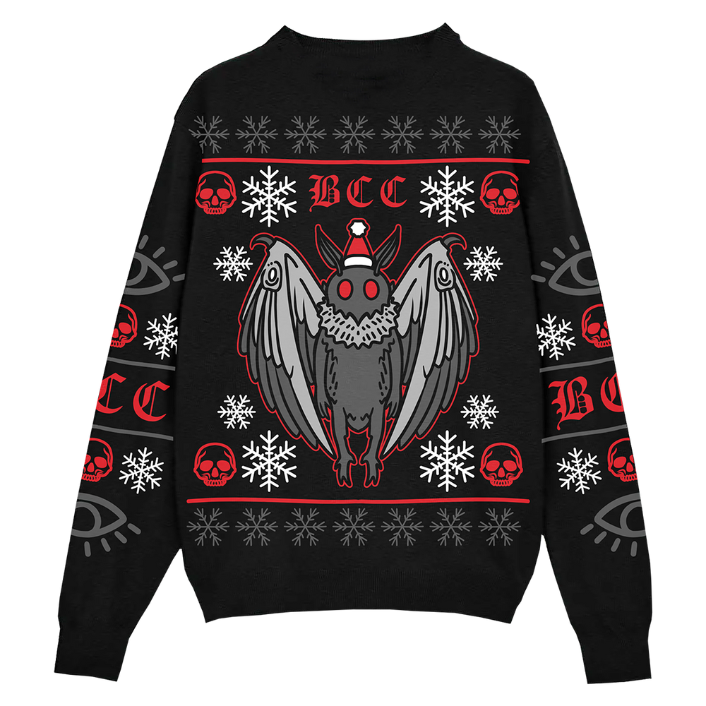A black ugly Christmas sweater with a gothic design in red and white. With a spooky Moth man design crafted in a knit jacquard. A gothic holiday sweater with a crew neckline and long sleeves. 