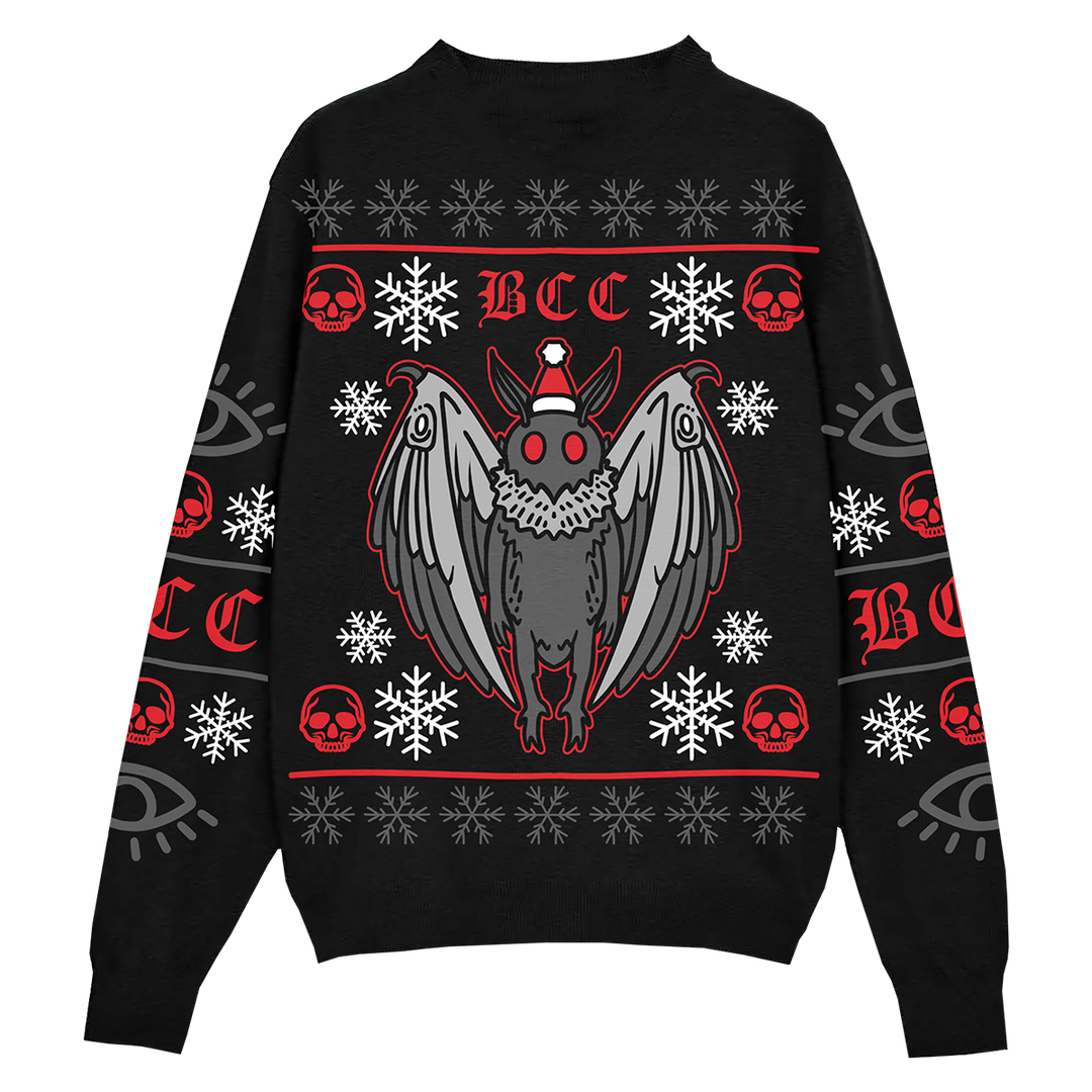 A black ugly Christmas sweater with a gothic design in red and white. With a spooky Moth man design crafted in a knit jacquard. A gothic holiday sweater with a crew neckline and long sleeves. 