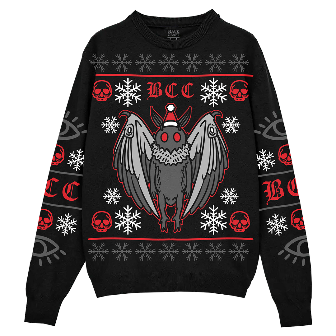 A black ugly Christmas sweater with a gothic design in red and white. With a spooky Moth man design crafted in a knit jacquard. A gothic holiday sweater with a crew neckline and long sleeves. 