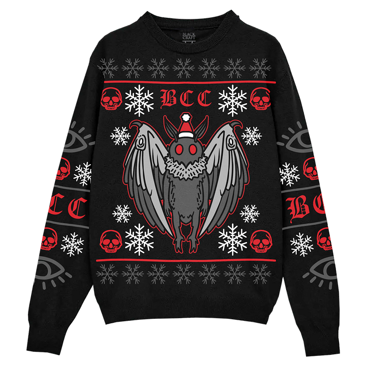 A black ugly Christmas sweater with a gothic design in red and white. With a spooky Moth man design crafted in a knit jacquard. A gothic holiday sweater with a crew neckline and long sleeves. 