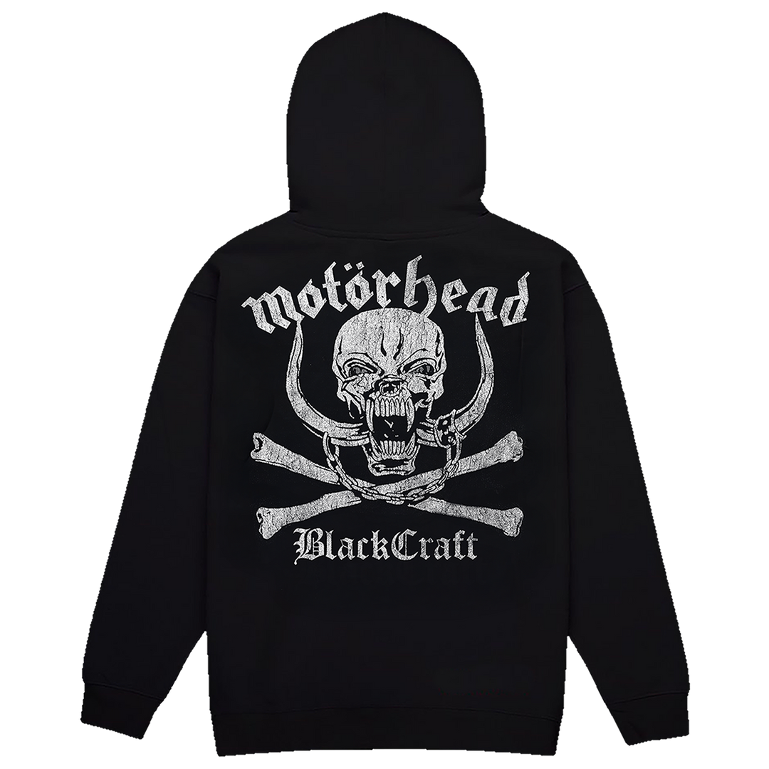 A classic black pullover hoodie with custom Motorhead x Blackcraft artwork on the front and back.
