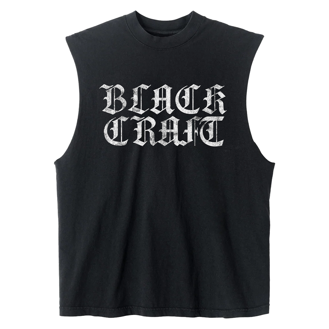 A black cotton muscle tank top with the Blackcraft logo on the front in old english font. 