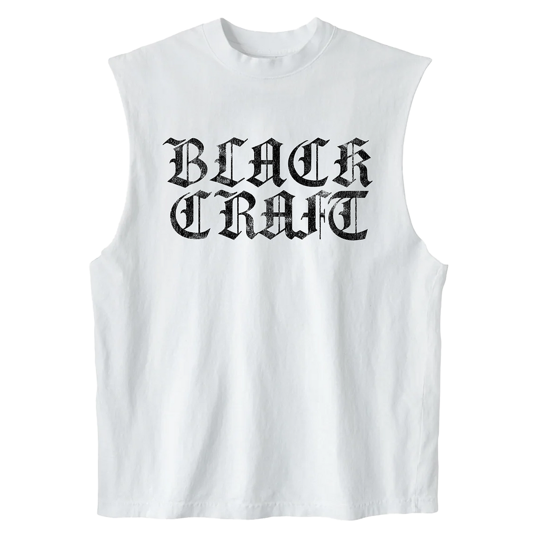 A white cotton muscle tank top with the Blackcraft logo on the front in old english font. 