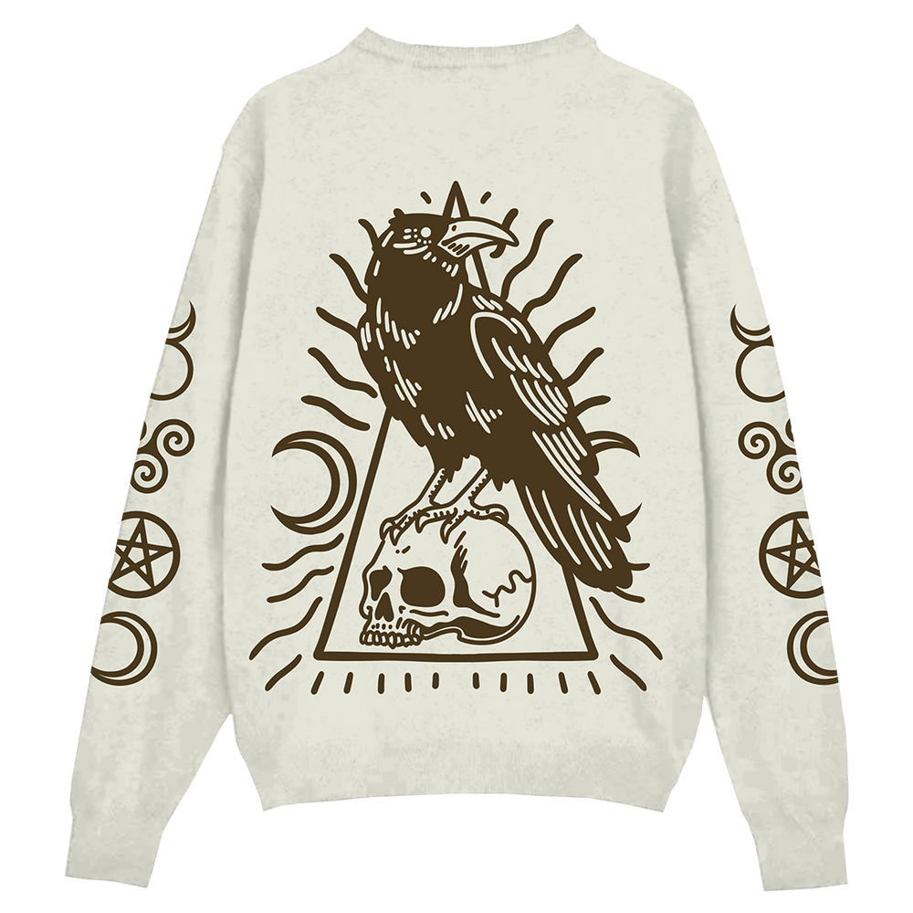 An ivory colored knit jacquard sweater with custom Nevermore design in brown. A gothic unisex fit sweater with a crew neckline and long sleeves. 