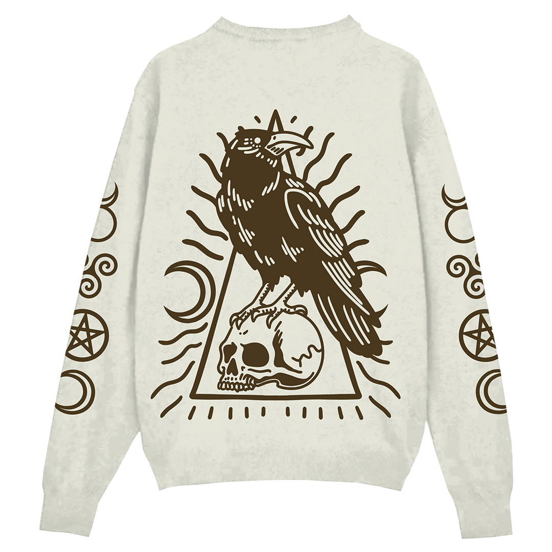 An ivory colored knit jacquard sweater with custom Nevermore design in brown. A gothic unisex fit sweater with a crew neckline and long sleeves. 