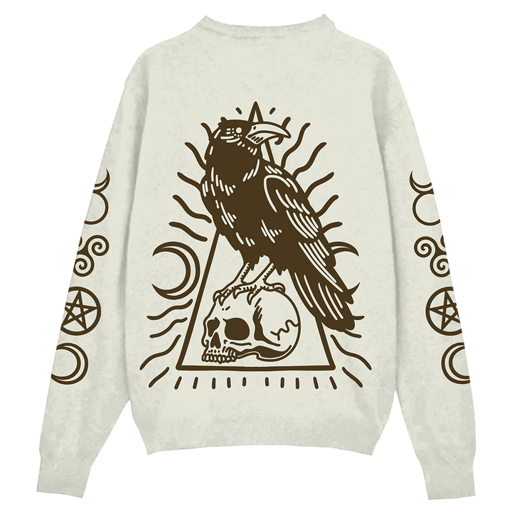An ivory colored knit jacquard sweater with custom Nevermore design in brown. A gothic unisex fit sweater with a crew neckline and long sleeves. 