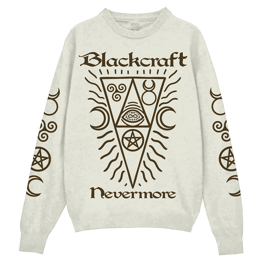 An ivory colored knit jacquard sweater with custom Nevermore design in brown. A gothic unisex fit sweater with a crew neckline and long sleeves. 