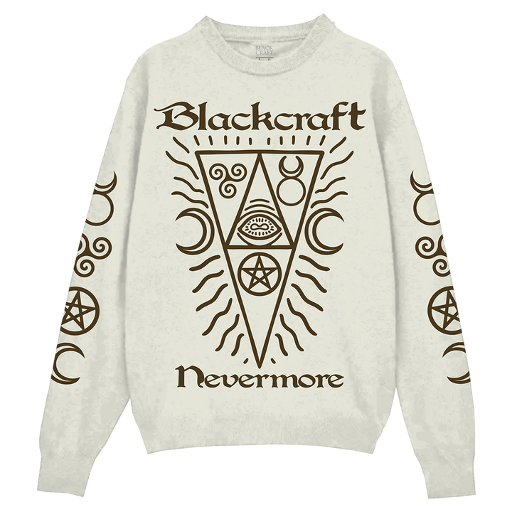 An ivory colored knit jacquard sweater with custom Nevermore design in brown. A gothic unisex fit sweater with a crew neckline and long sleeves. 