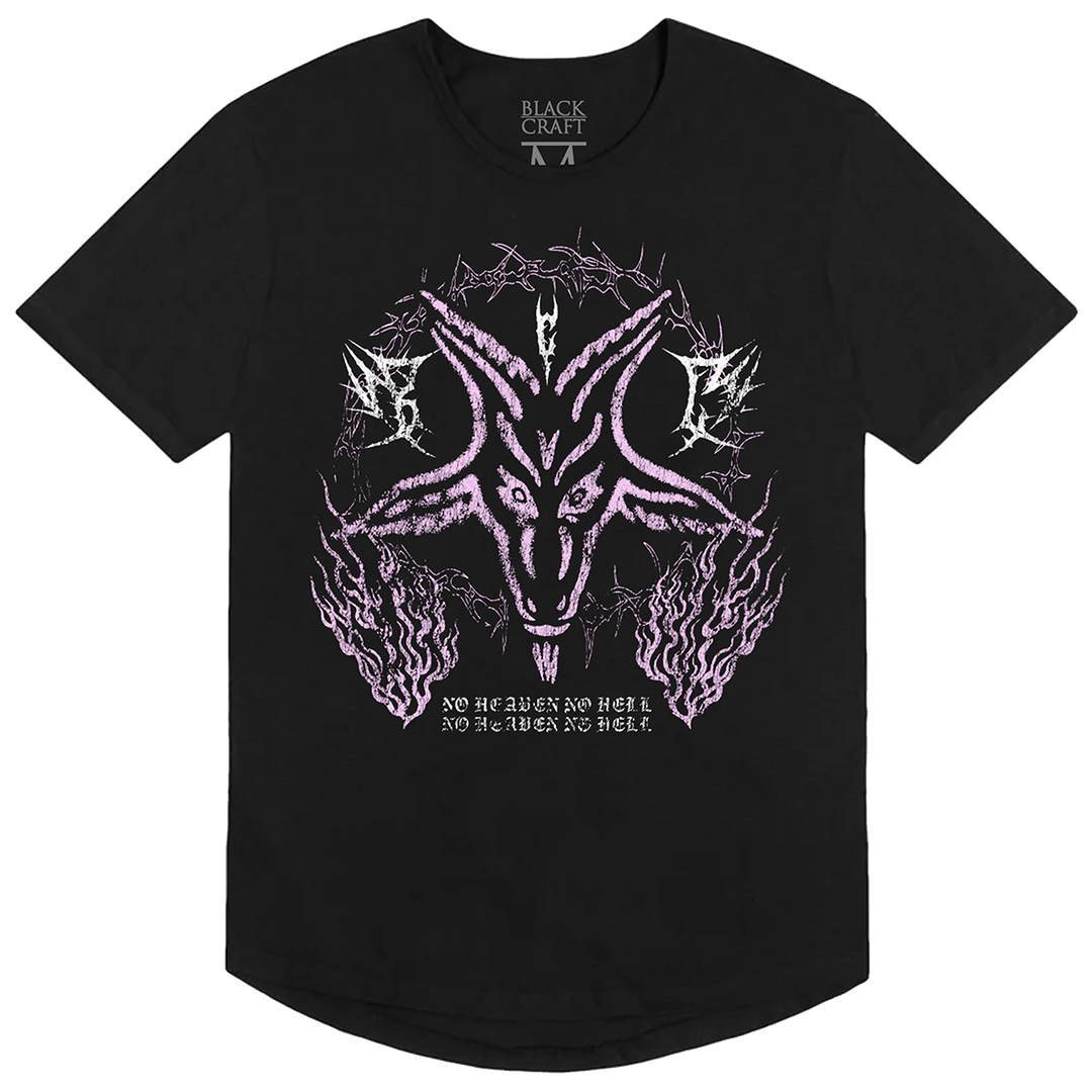 A black cotton tee with a curved hemline and custom Blackcraft artwork on the front. 