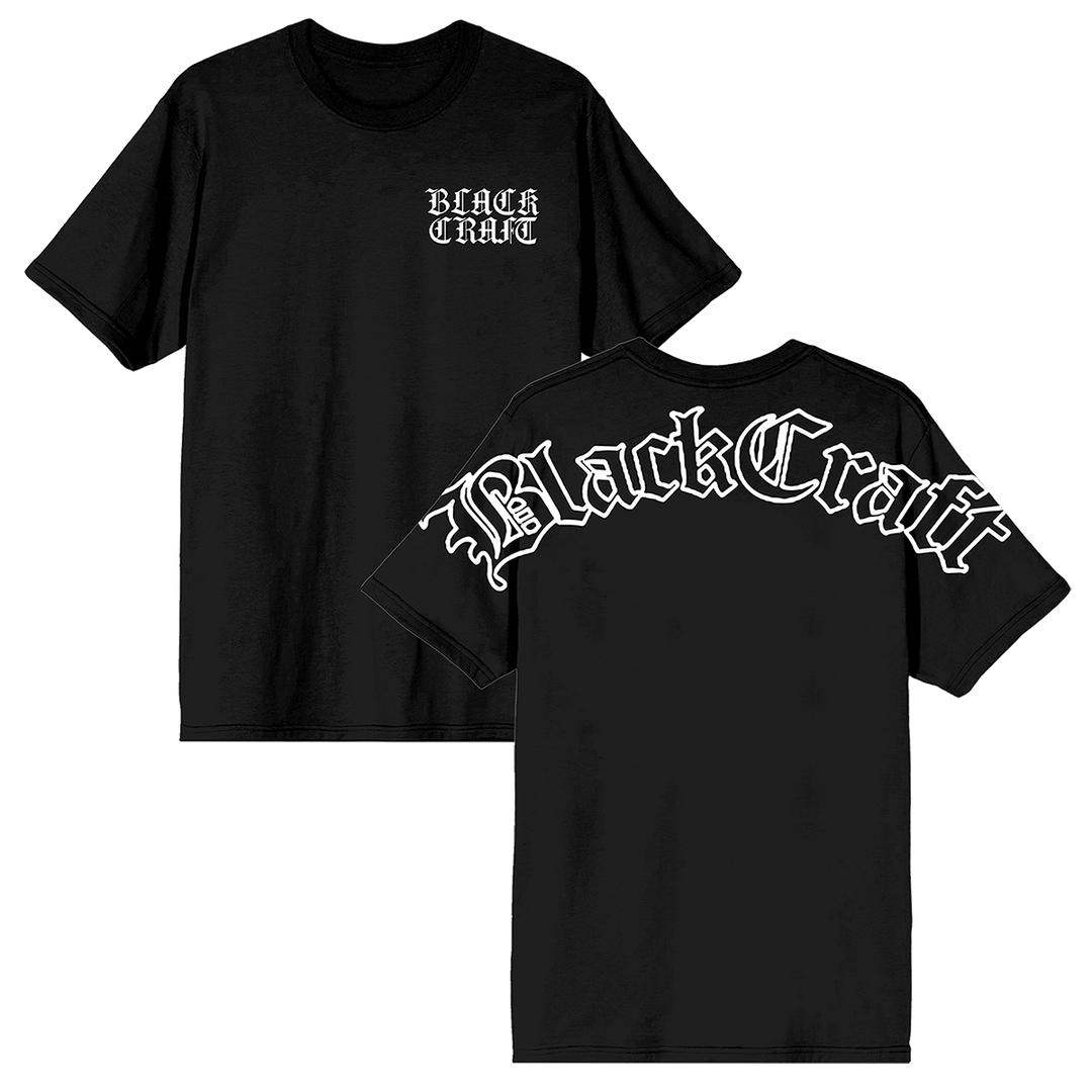 A classic black cotton tee with the Blackcraft logo in olde English font. 