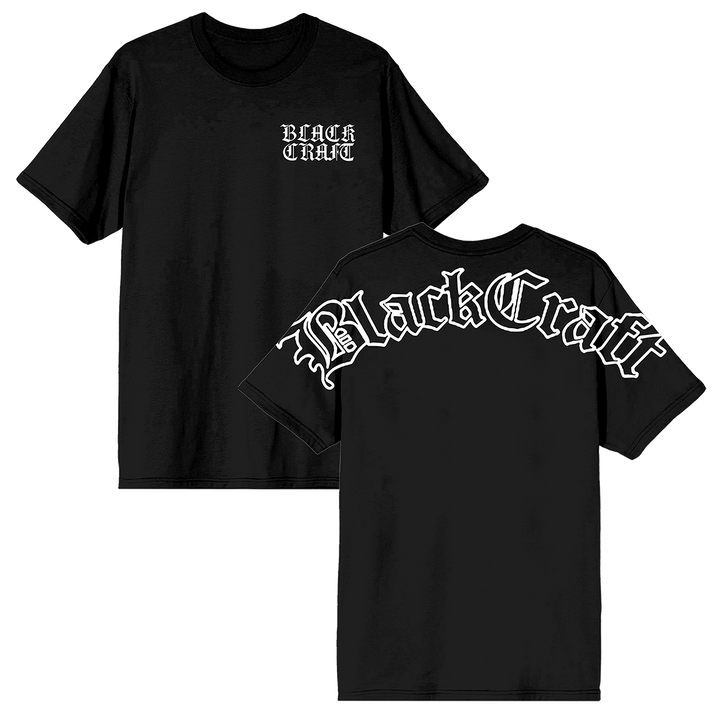 A classic black cotton tee with the Blackcraft logo in olde English font. 
