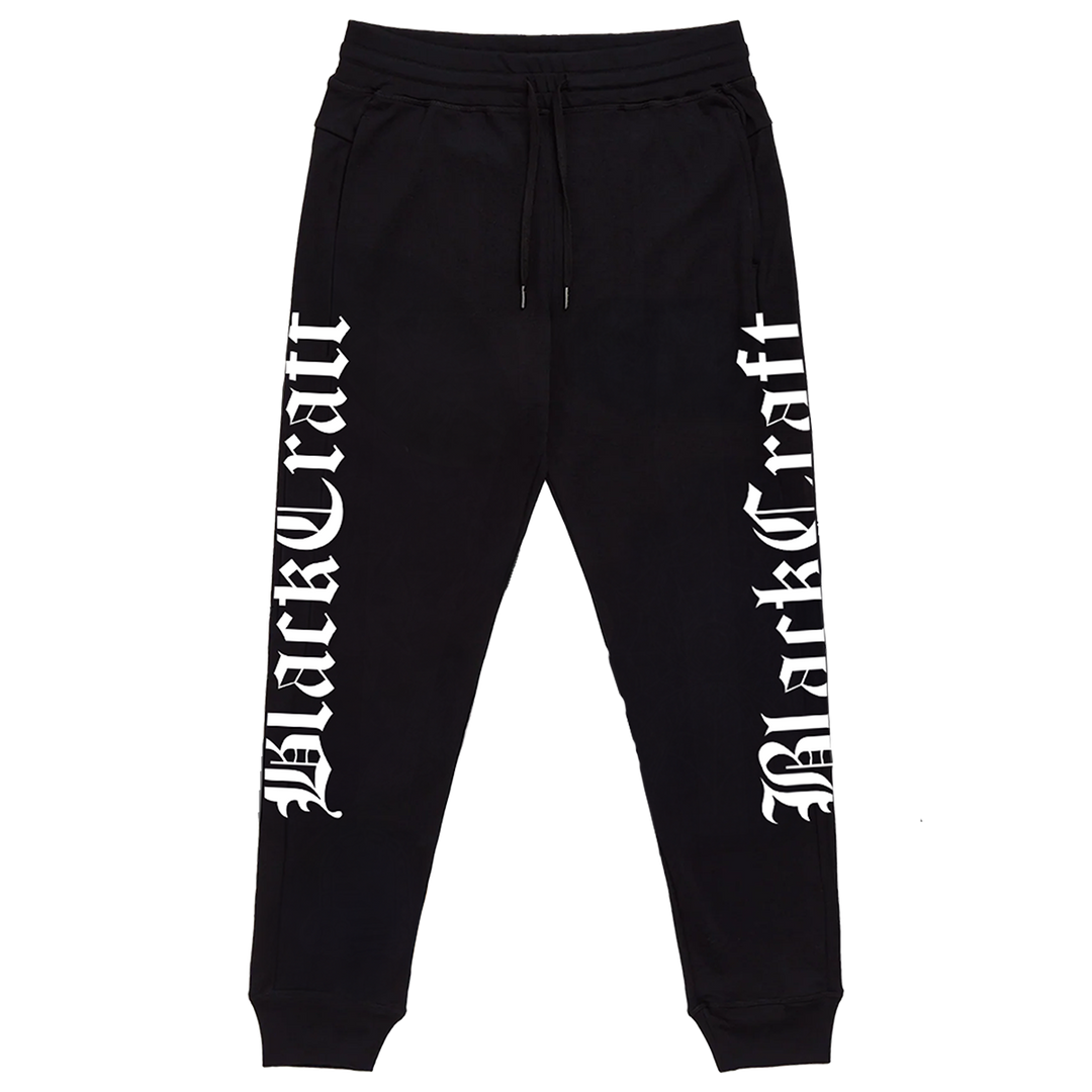 Classic black fleece unisex joggers with the Blackcraft log in olde English font on the sides.