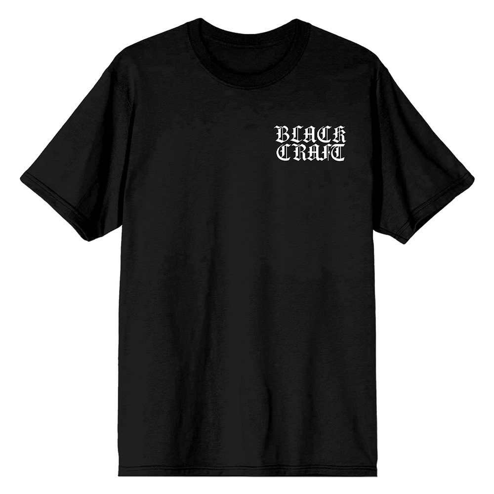 A classic black cotton tee with the Blackcraft logo in olde English font. 