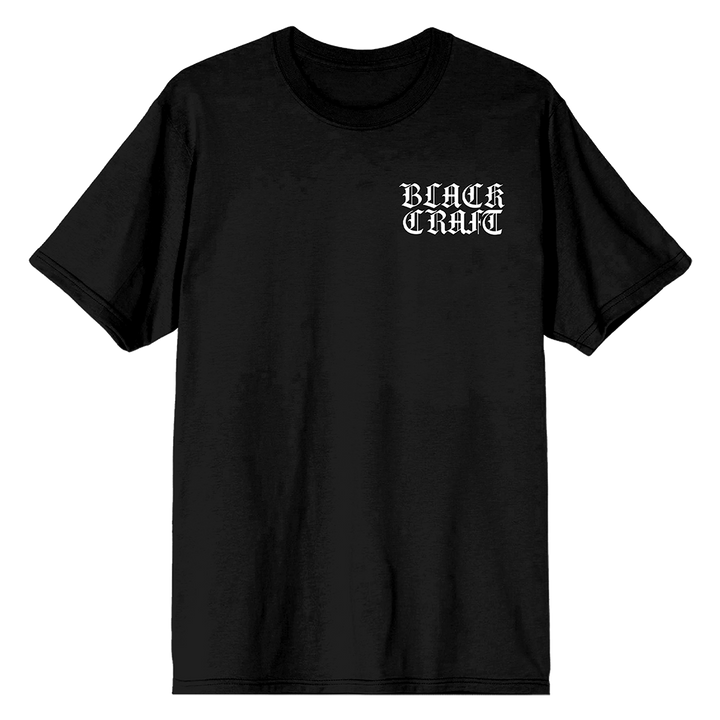 A classic black cotton tee with the Blackcraft logo in olde English font. 