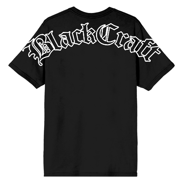 A classic black cotton tee with the Blackcraft logo in olde English font. 
