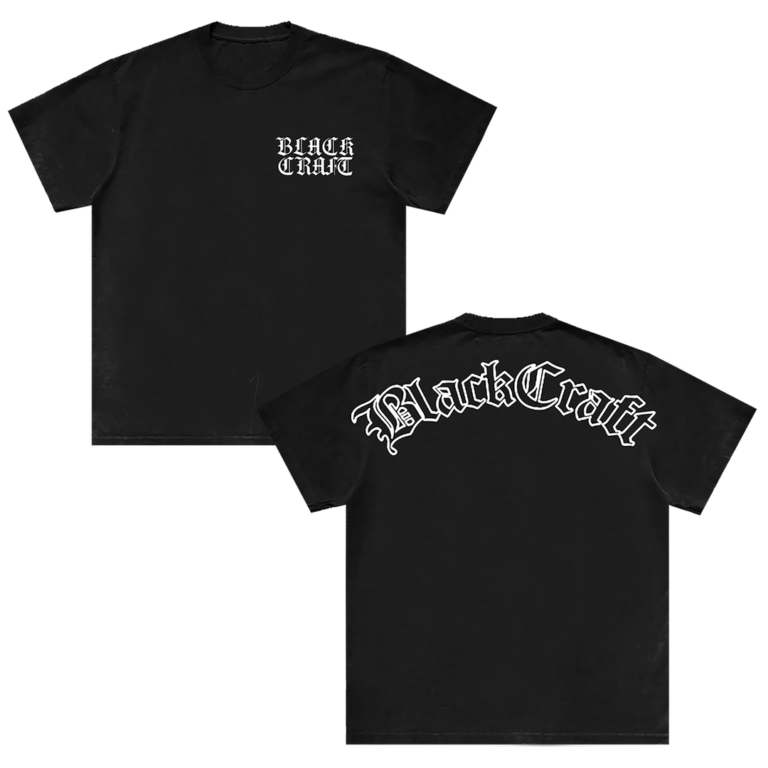 A classic black cotton tee with the Blackcraft logo in olde English font. 