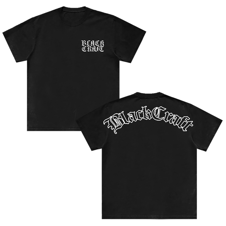 A classic black cotton tee with the Blackcraft logo in olde English font. 