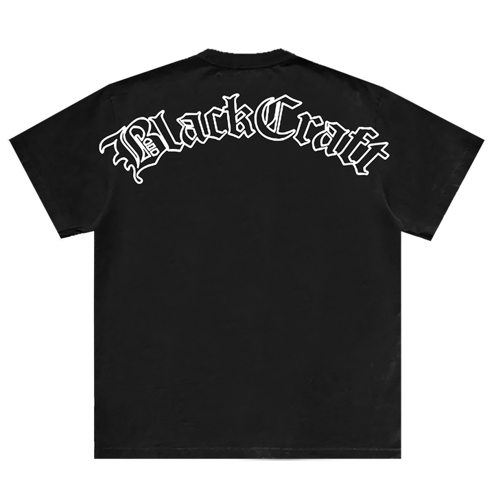 A classic black cotton tee with the Blackcraft logo in olde English font. 