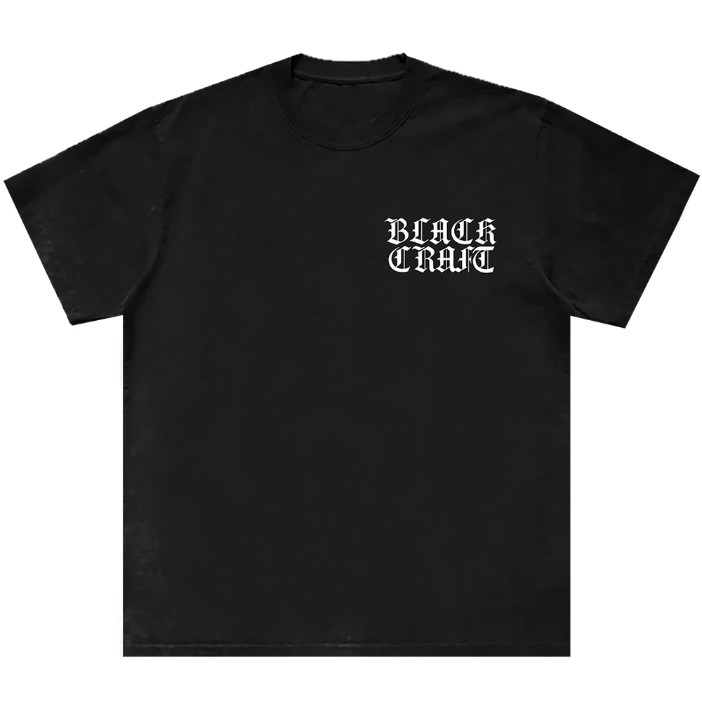 A classic black cotton tee with the Blackcraft logo in olde English font. 