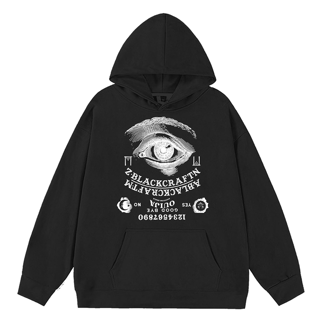 A classic Womens black pullover hoodie with custom Blackcraft artwork on the front. 