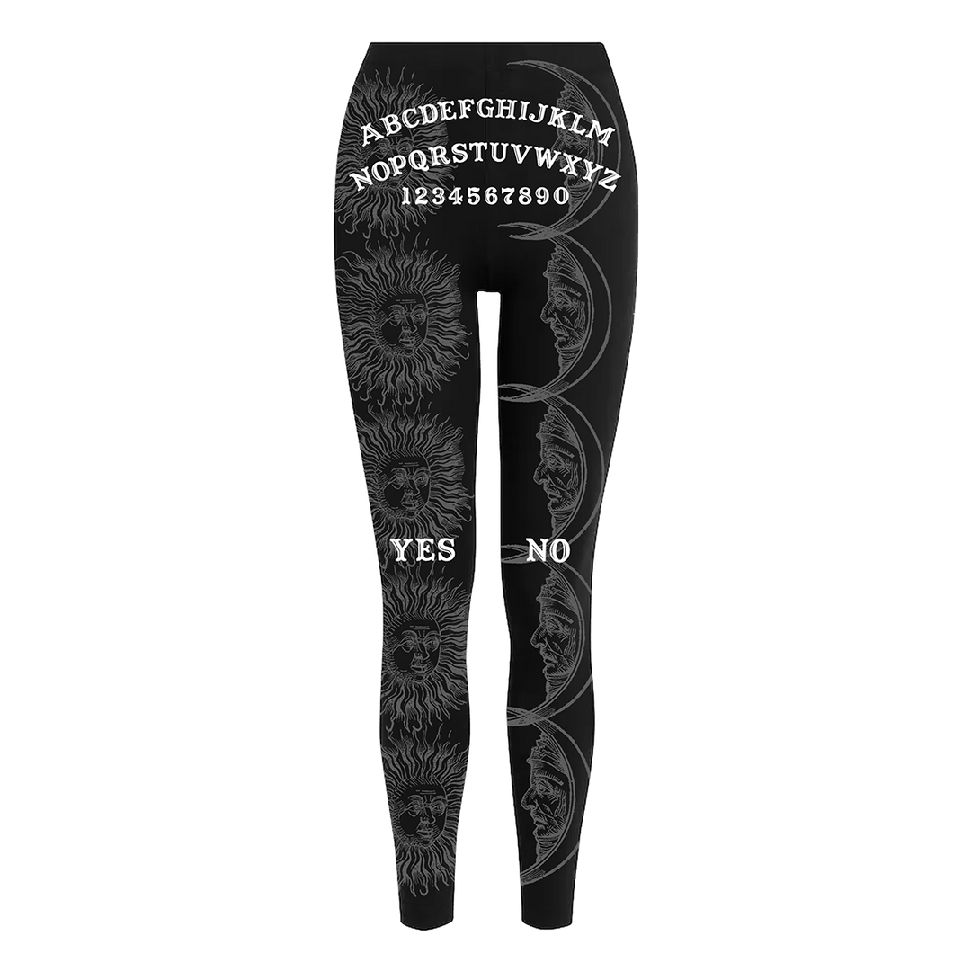 Classic women's black leggings with an allover ouija print. 