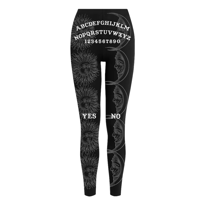Classic women's black leggings with an allover ouija print. 