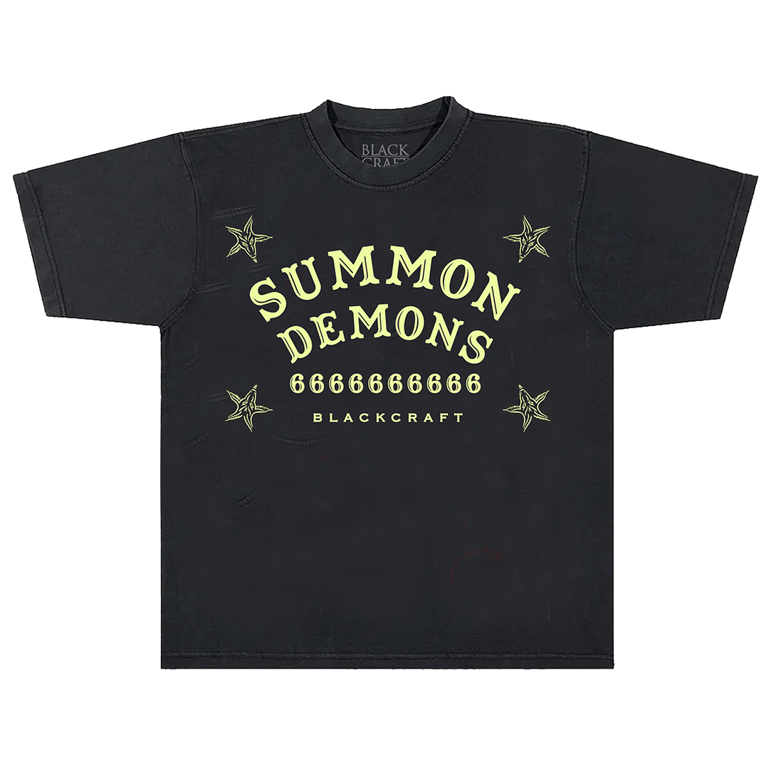 A max heavyweight black cotton tee with custom Blackcraft Ouija artwork on the front in glow in the dark print.