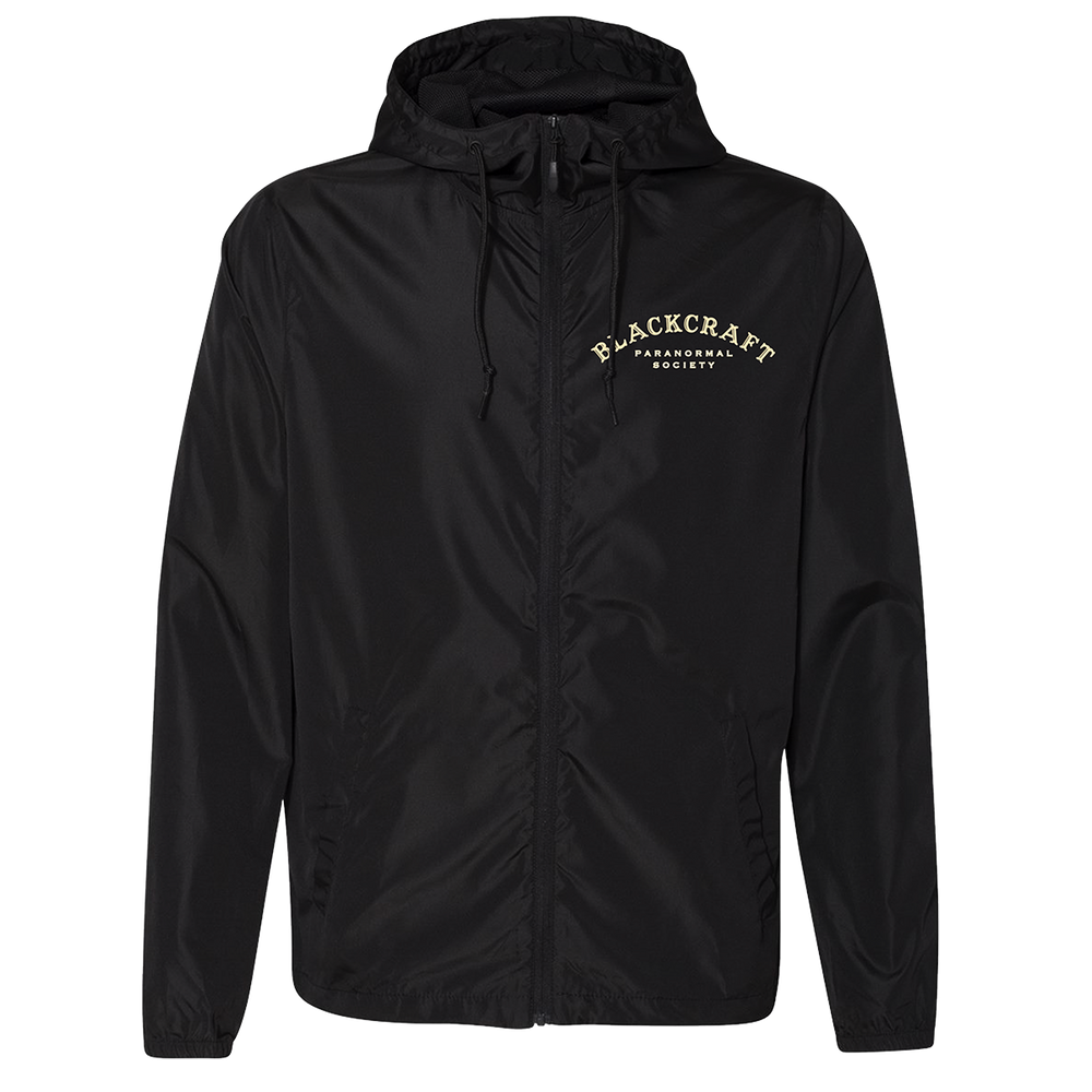 A classic black water resistant windbreaker jacket with custom Ouija artwork from Blackcraft.