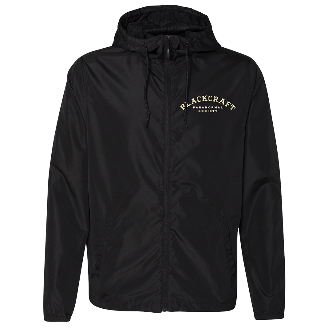 A classic black water resistant windbreaker jacket with custom Ouija artwork from Blackcraft.