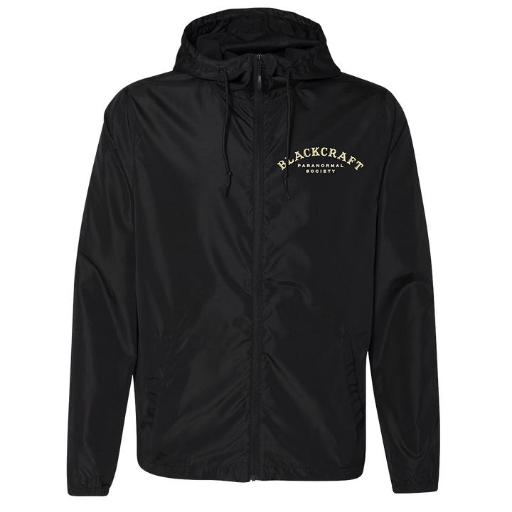 A classic black water resistant windbreaker jacket with custom Ouija artwork from Blackcraft.
