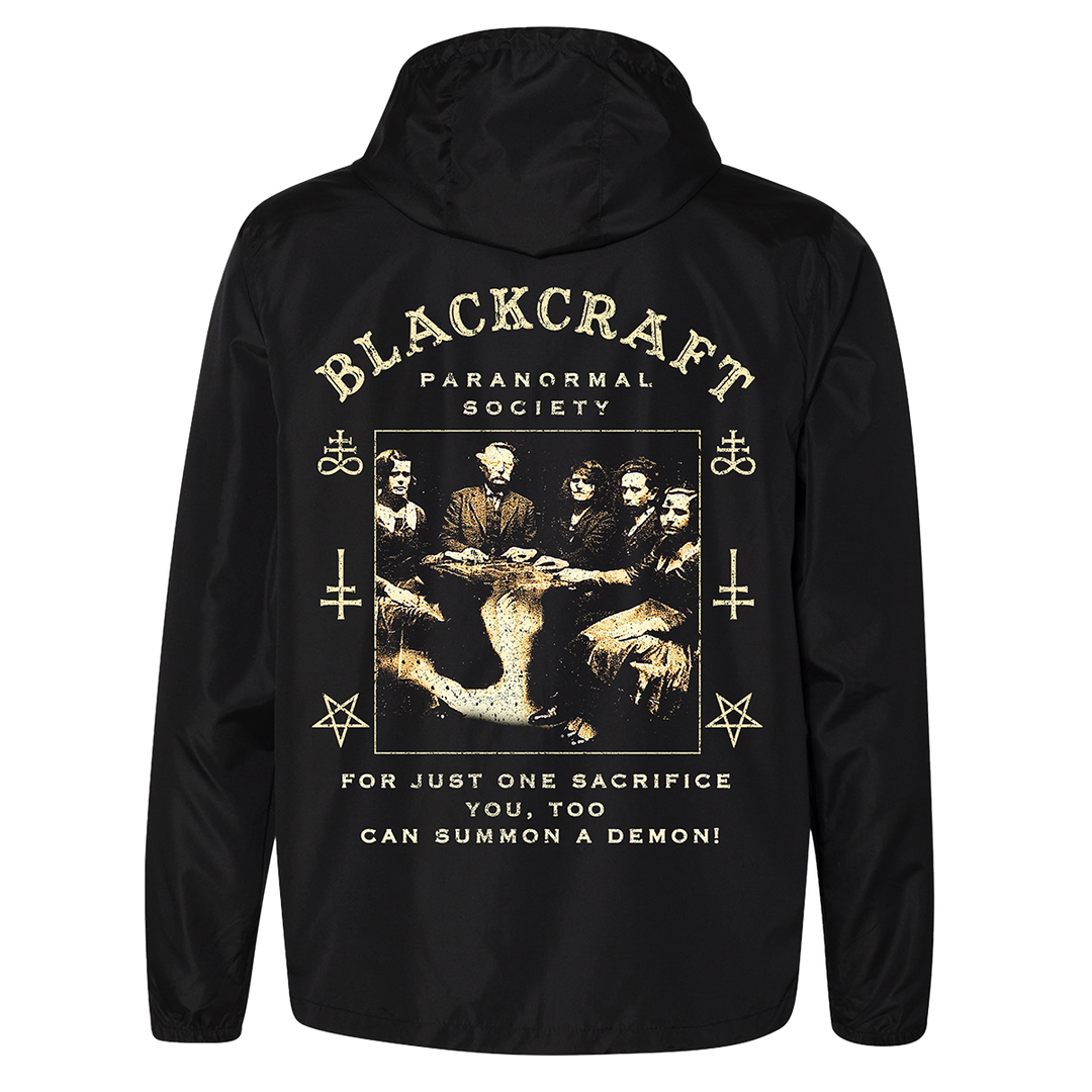 A classic black water resistant windbreaker jacket with custom Ouija artwork from Blackcraft.