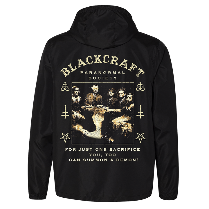 A classic black water resistant windbreaker jacket with custom Ouija artwork from Blackcraft.
