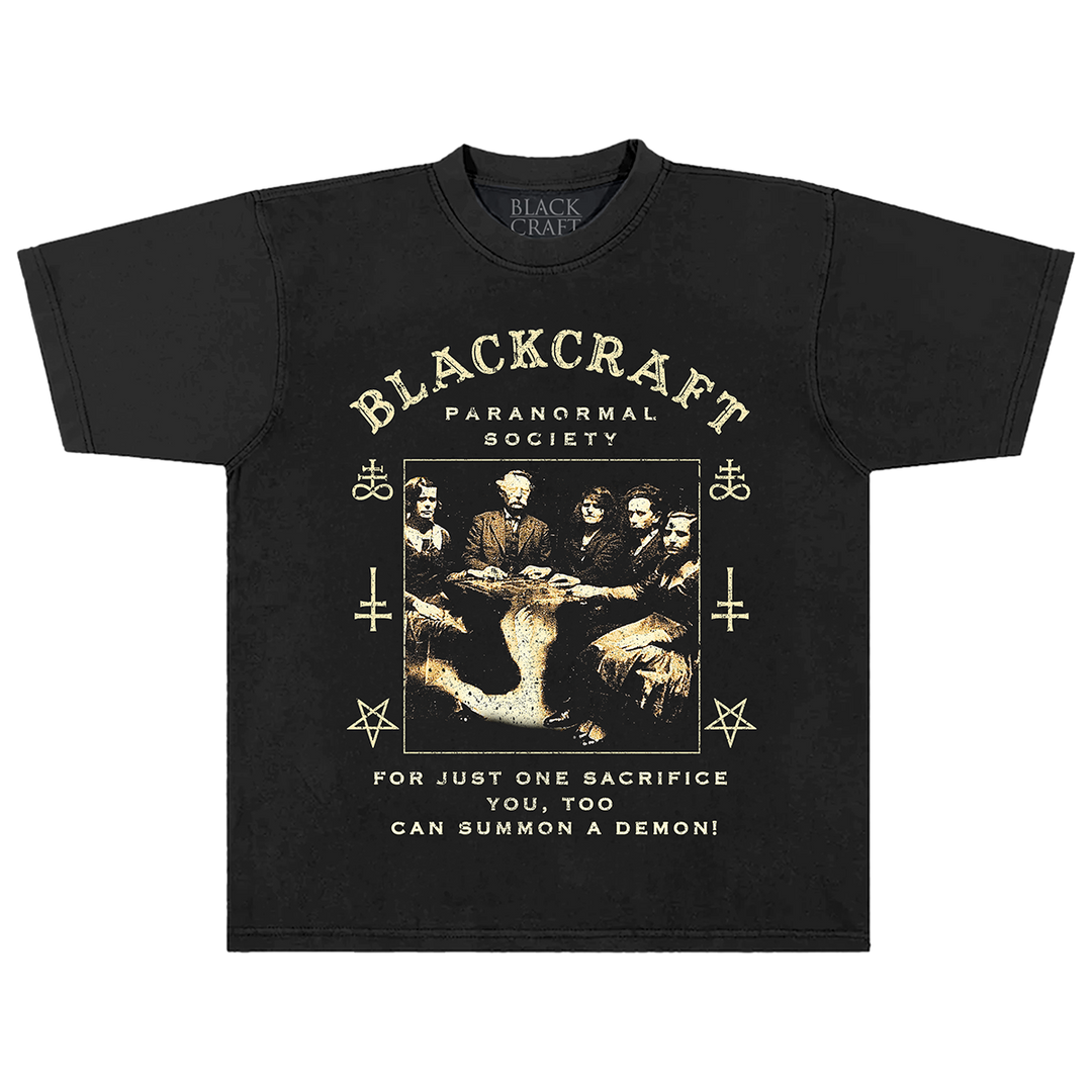 A max heavyweight black cotton tee with custom Blackcraft Ouija artwork on the front. 