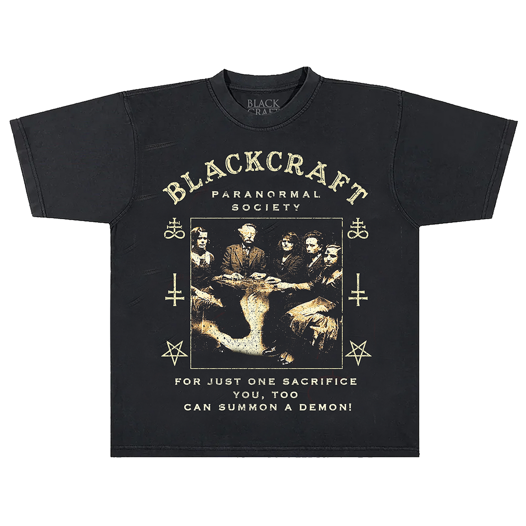 A max heavyweight black cotton tee with custom Blackcraft Ouija artwork on the front. 